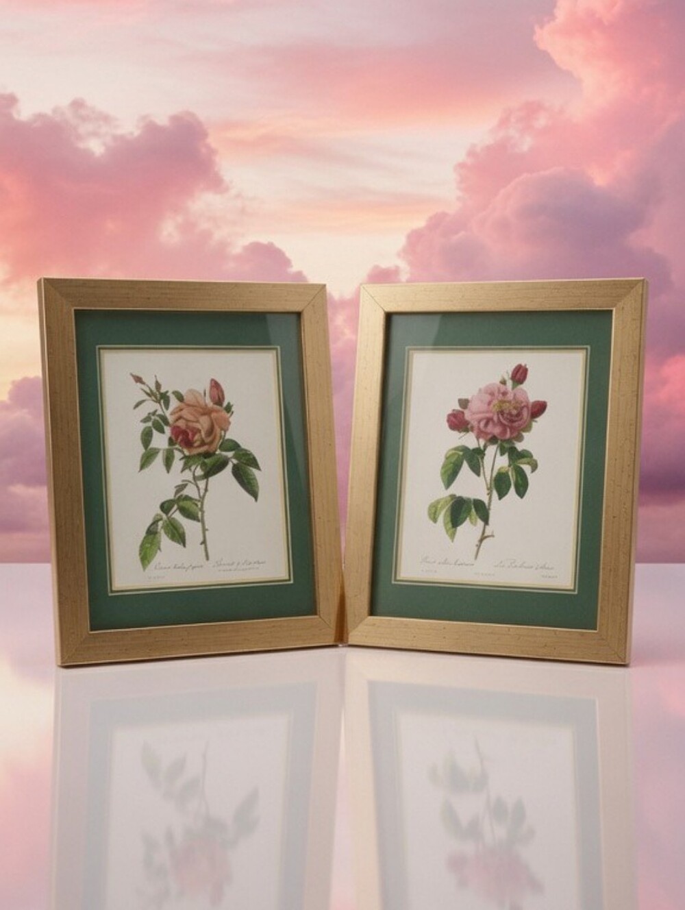 Set of 2 Gold-Tone Picture Frames Green Mat Floral Prints 11.5x9.5 Portrait
